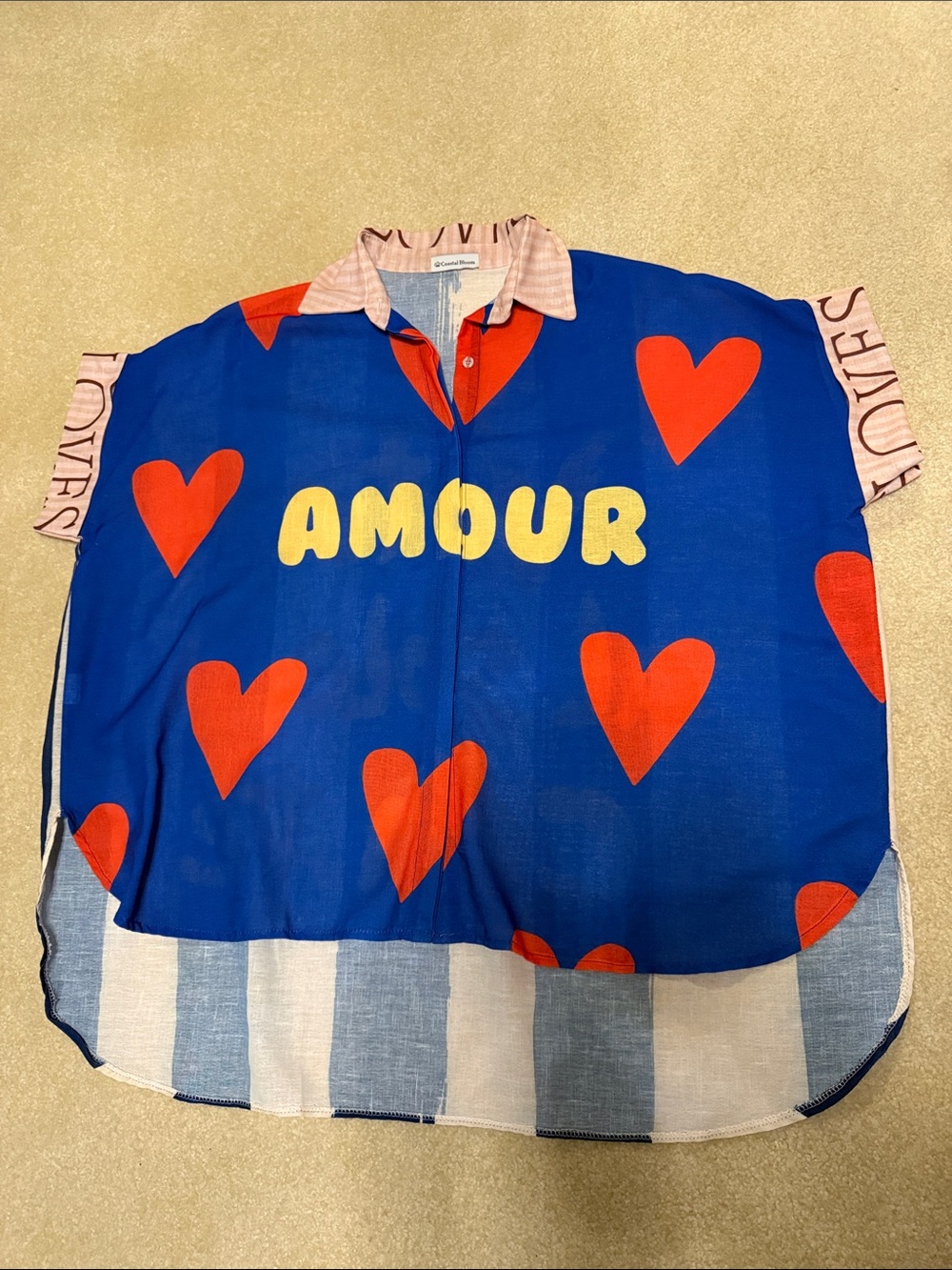 Graphic 'AMOUR' Heart Print Button-Up Shirt - Blue & Red Very Unique!